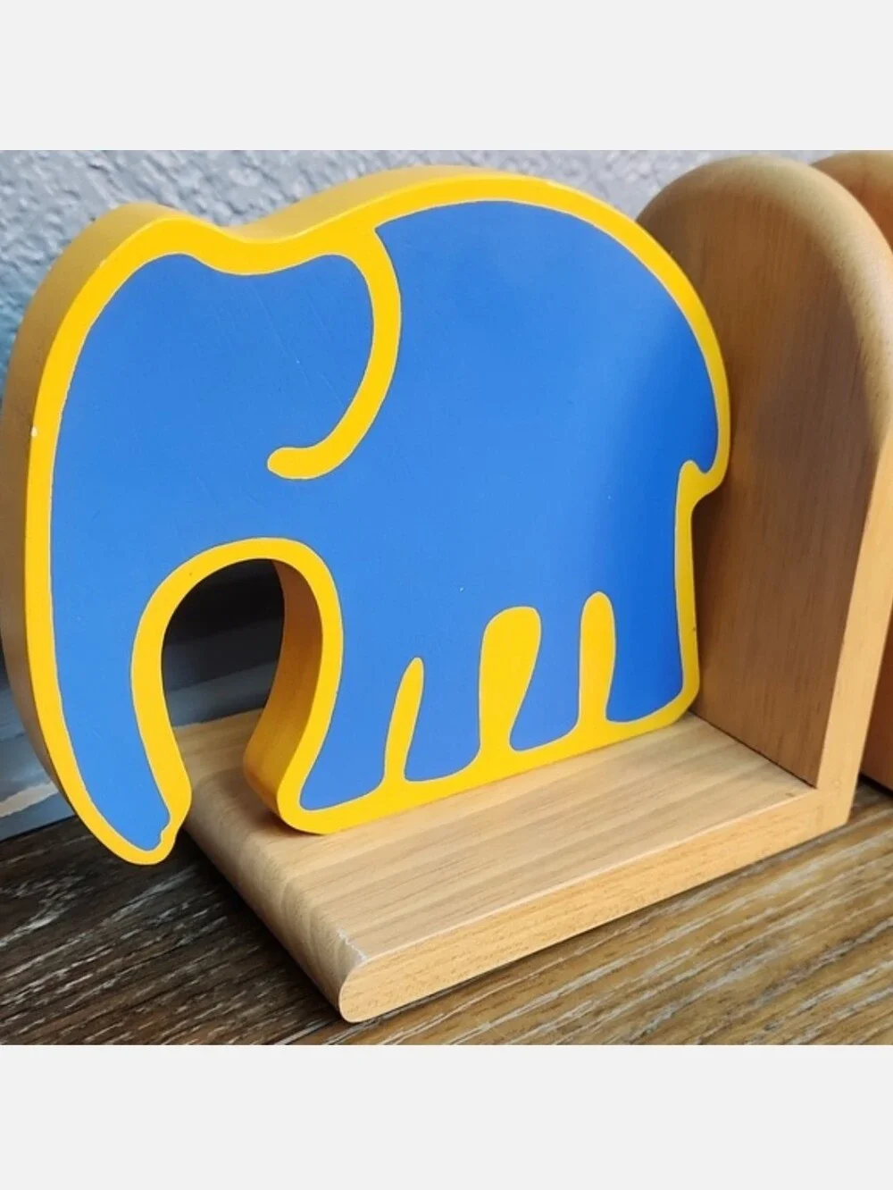 Crate & Barrel Wood Bookends Red Monkey Blue Elephant Yellow Gold